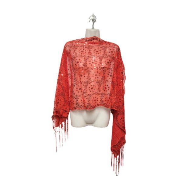 Red Sequin Evening Wedding Formal Scarf with Tassels - NEW - Picture 4 of 7